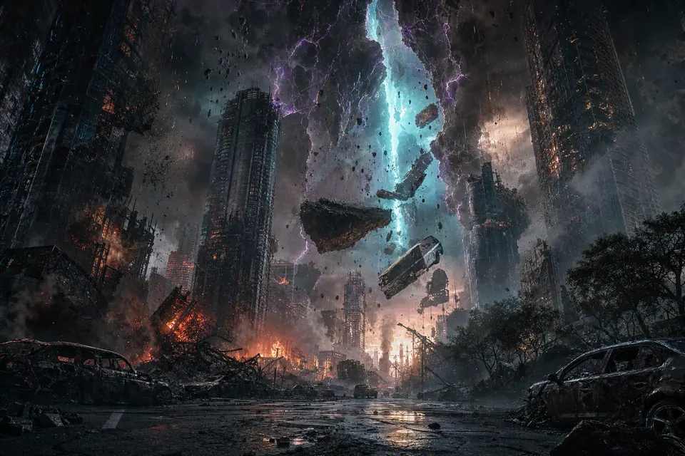 A ruined downtown avenue split by a rift, with a bus floating in mid-air