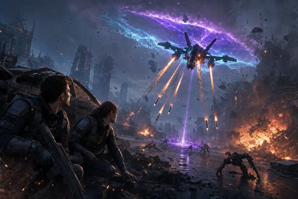 An attack drone dives out of a violet rift in the sky, firing missiles at robots while two teammates take cover behind a wrecked car