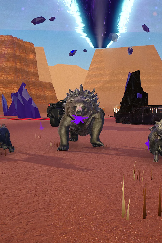 A spined rift bear leads wolves, a panther and a razor boar across a red canyon under the rift, rendered in-game