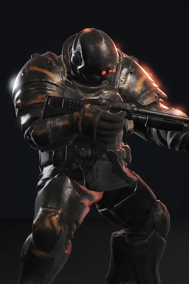 A raider heavy in thick scarred armor plate and a red-eyed helmet carries a combat shotgun, rendered in-game