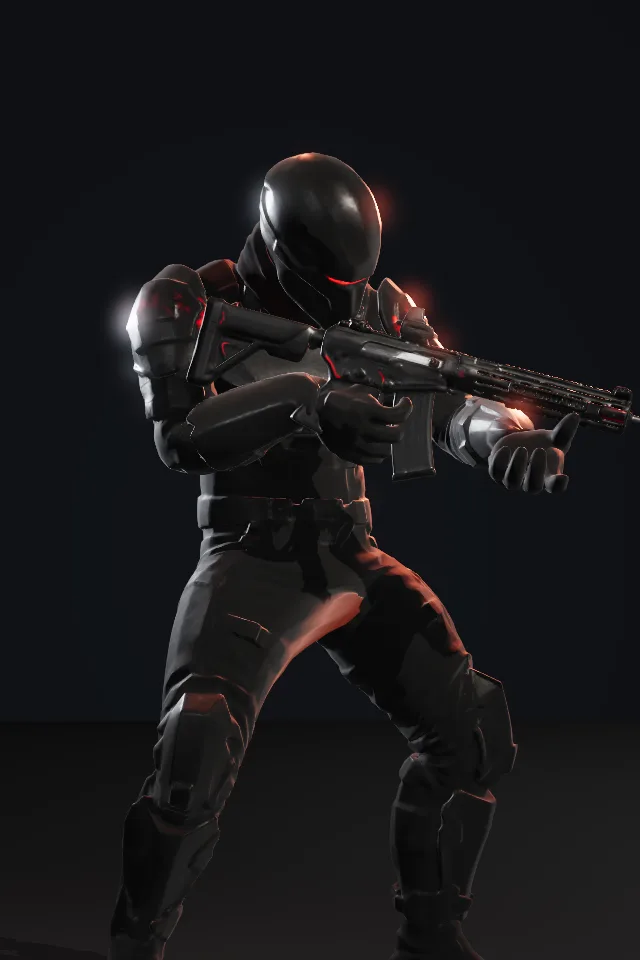 A masked raider in black body armor with a red visor slit holds a rifle, rendered in-game