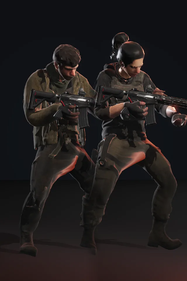 An unmasked raider man and woman in worn tactical gear carry rifles, rendered in-game