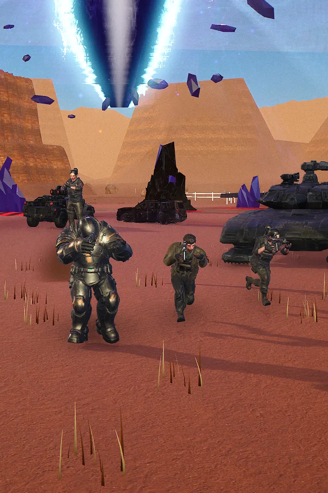 A raider squad advances across the canyon floor ahead of their gun truck and a rift-corrupted hover tank, rendered in-game