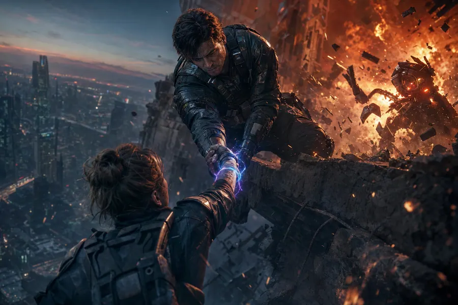 A hero grabs a falling teammate's arm at the edge of a collapsing skyscraper as a ribbon of cyan light links them
