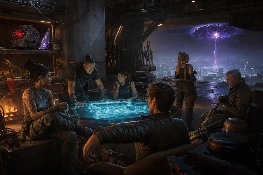 Crew members gather around a holographic table in their hangar headquarters at night